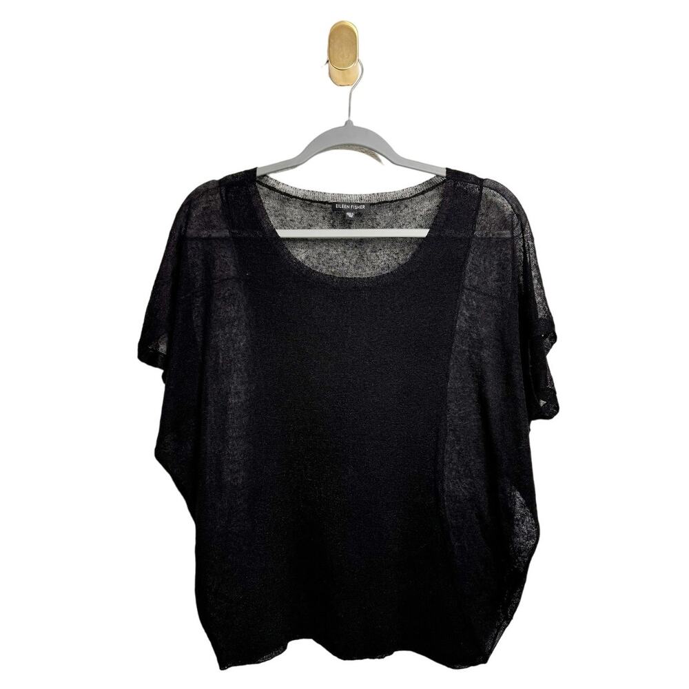 Eileen Fisher Black Hemp Blend Scoopneck Batwing Black Knit Top Blouse XS